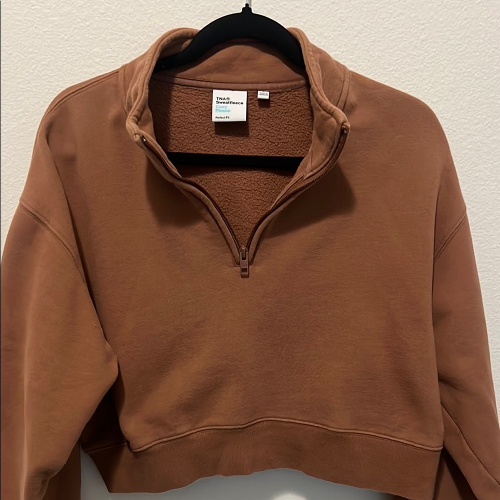 Cropped Quarter-Zip Pullover Sweatshirt - Brown